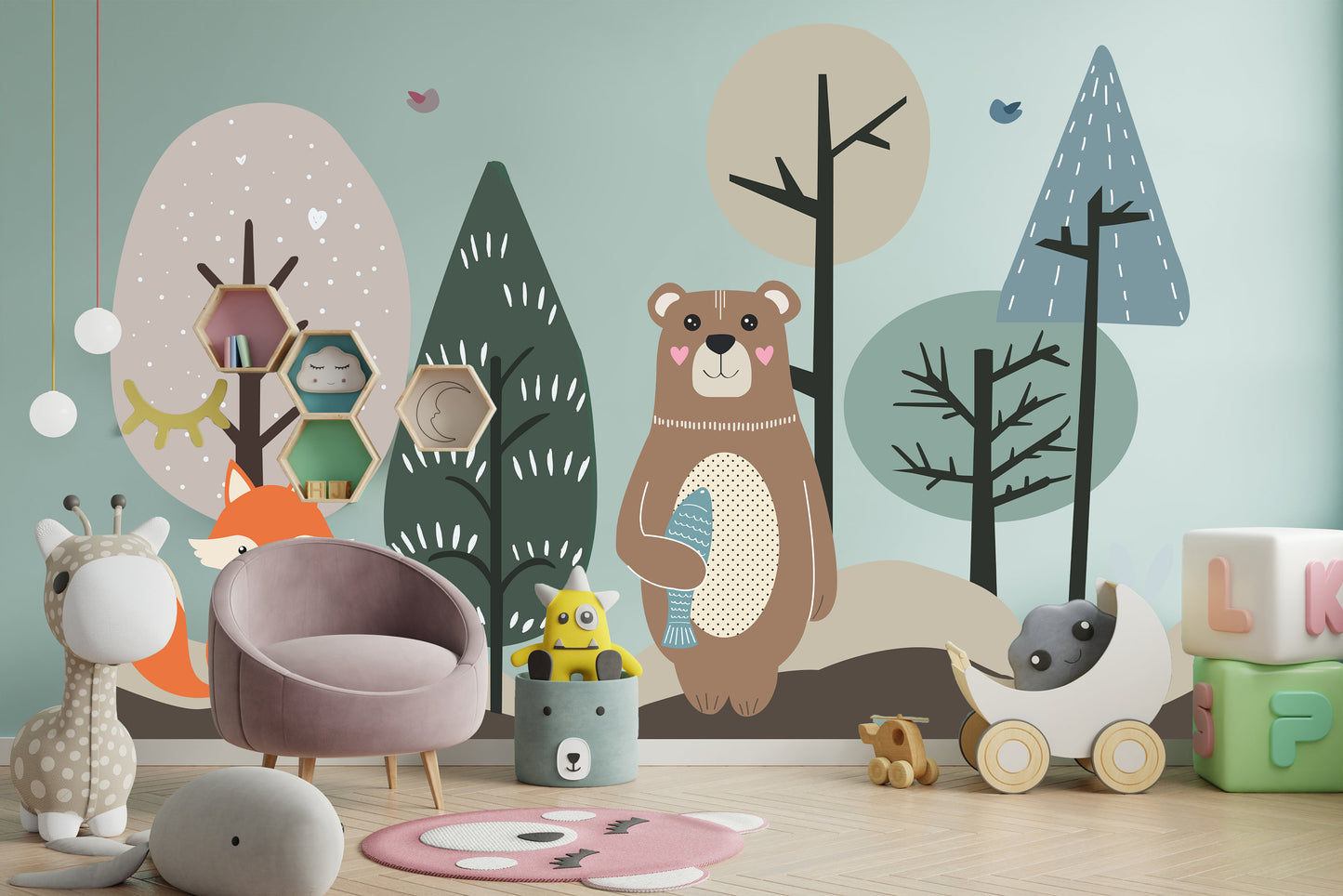 Removable woodland bear and fox wall decal Wall sticker for kid and nursery