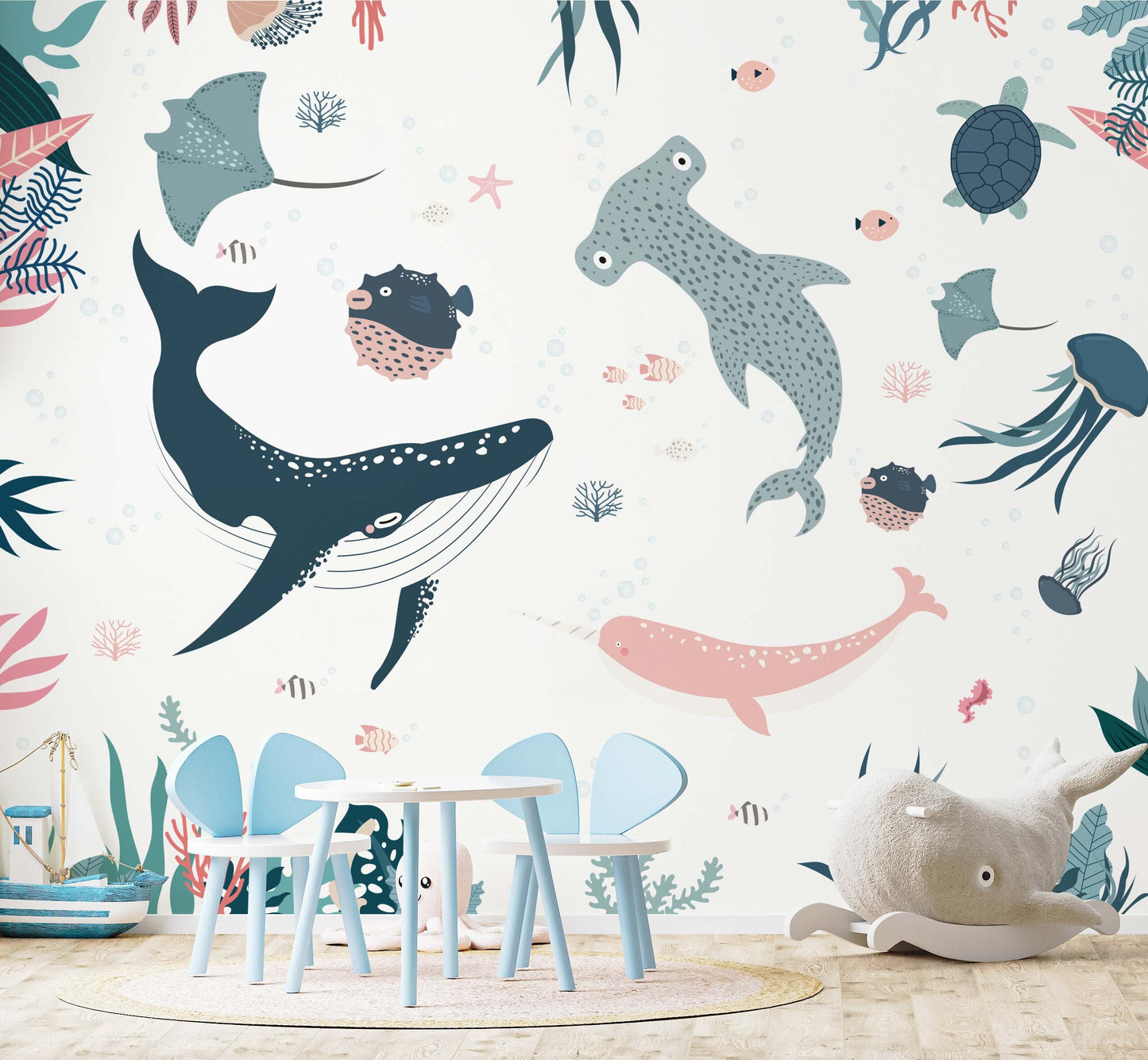 Removable wallpaper Ocean Wall Decal Underwater World Blue Whale , Shark , stingray and Monsoon Monoceros Wall Decal Sticker For Kid