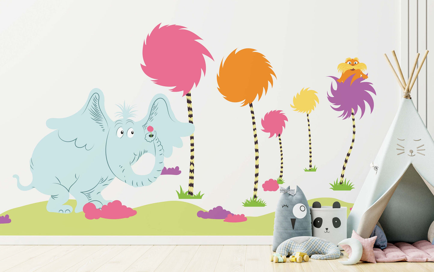 Dr Seuss Decal Truffula Tree Wall Art Horton the Elephant Wall Decal Colorfull Tree Nursery Wall Sticker