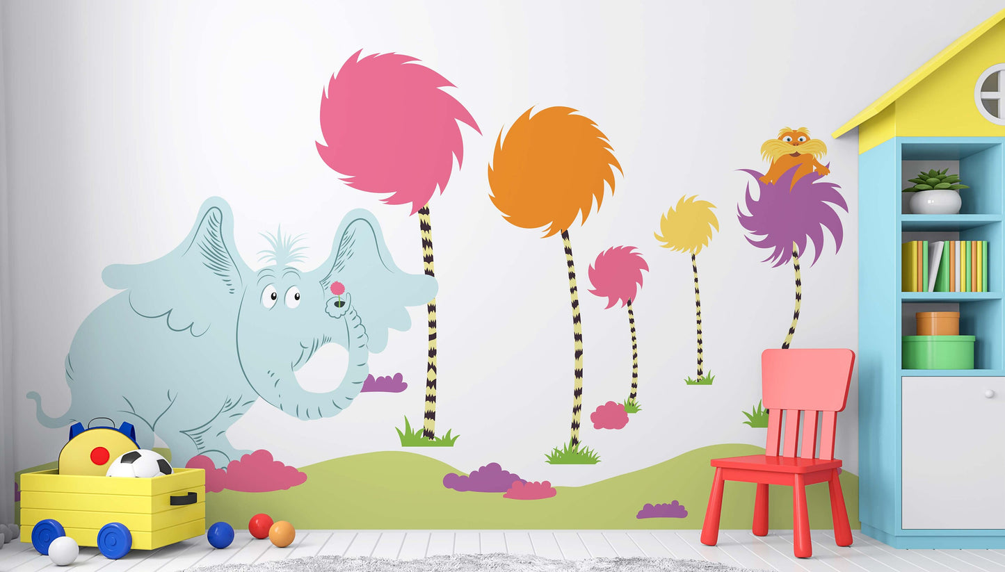 Dr Seuss Decal Truffula Tree Wall Art Horton the Elephant Wall Decal Colorfull Tree Nursery Wall Sticker