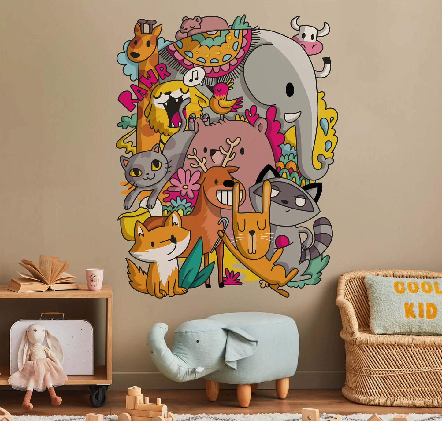 Removable Animal Wall Decal Doodle Wall Sticker Raccoon Wall Art Elephant Wall Mural Wallpaper For Kid And Nursery Room Decor