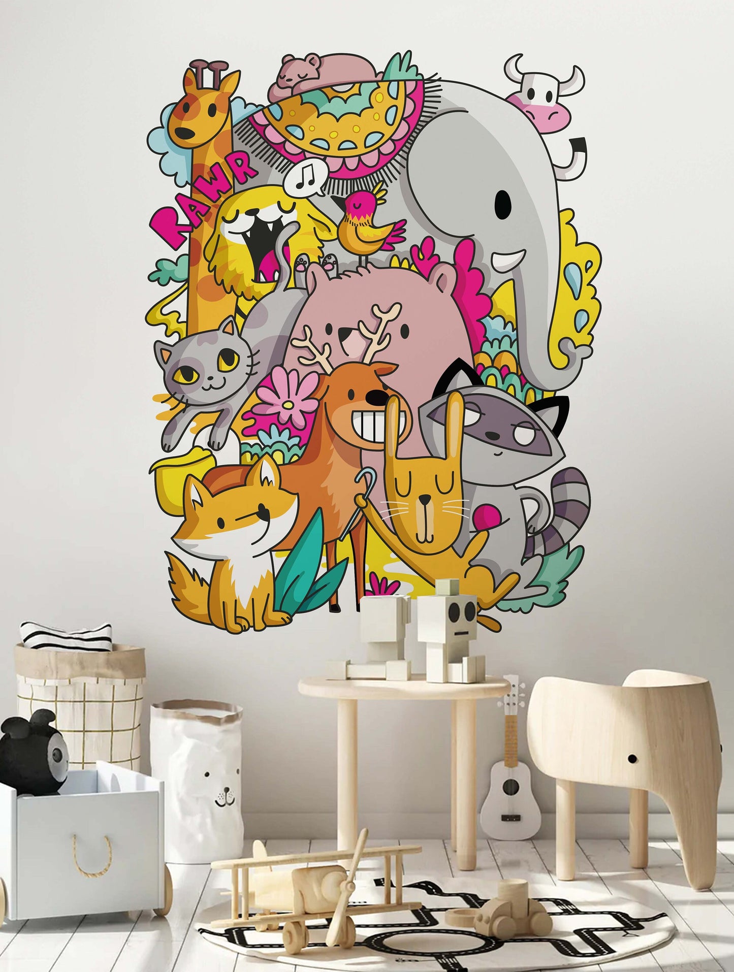 Removable Animal Wall Decal Doodle Wall Sticker Raccoon Wall Art Elephant Wall Mural Wallpaper For Kid And Nursery Room Decor