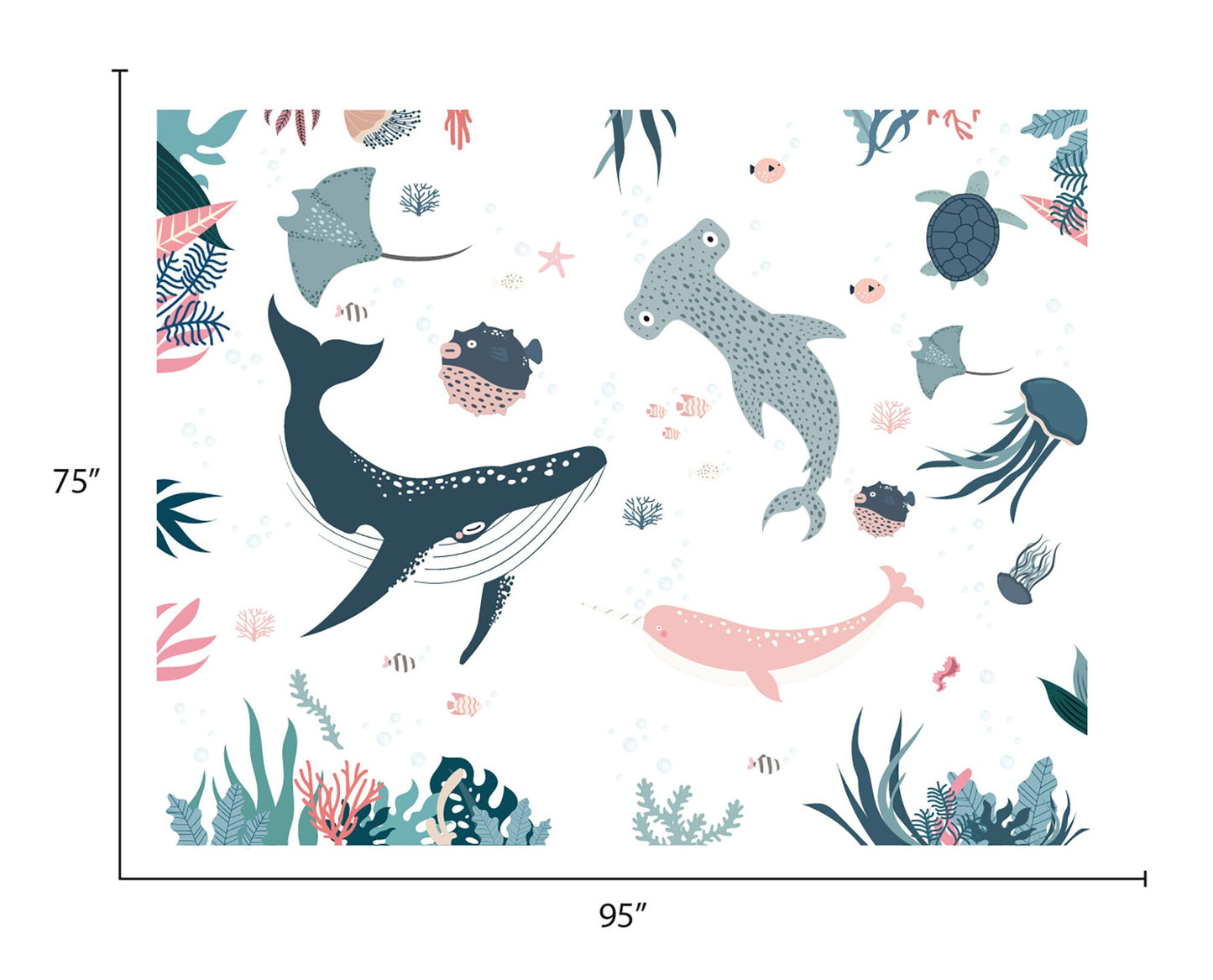 Removable wallpaper Ocean Wall Decal Underwater World Blue Whale , Shark , stingray and Monsoon Monoceros Wall Decal Sticker For Kid