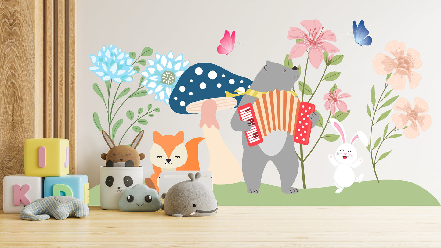 bear wall mural playing music wall sticker in spring forest wall decal kids wallpaper wall decal nursery and kid room decor