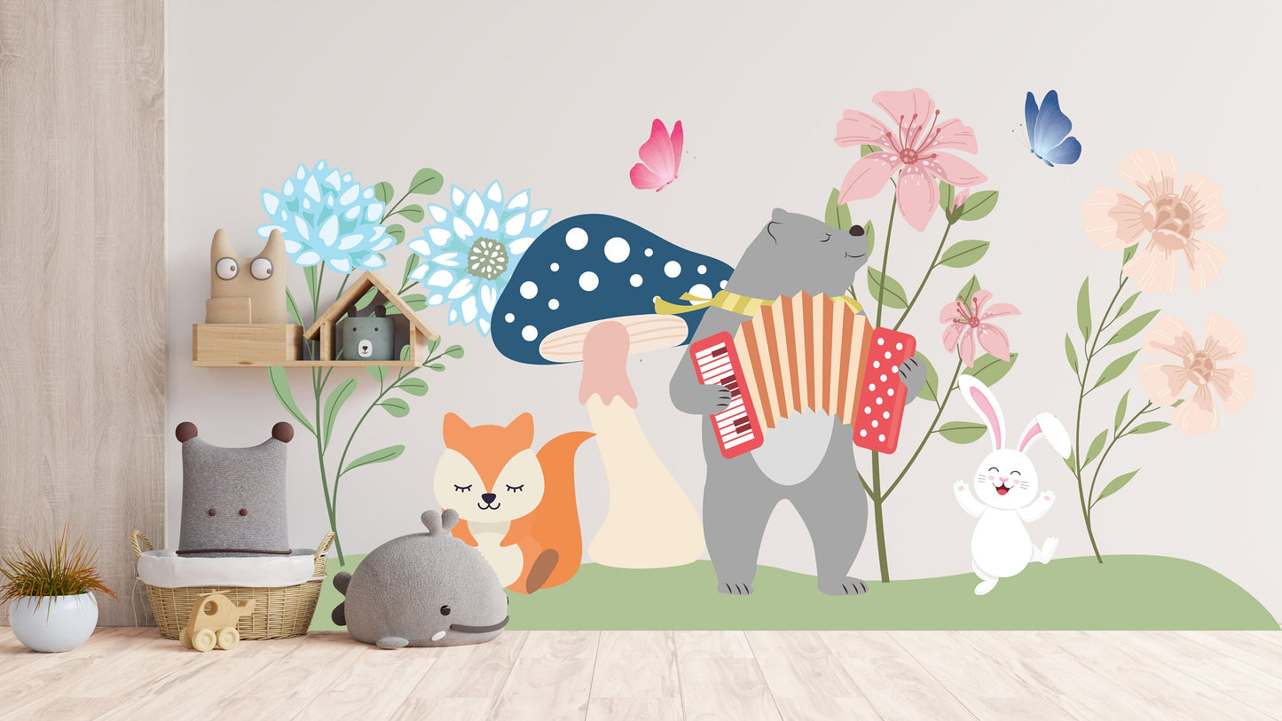 bear wall mural playing music wall sticker in spring forest wall decal kids wallpaper wall decal nursery and kid room decor