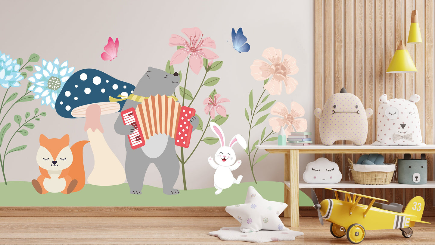 bear wall mural playing music wall sticker in spring forest wall decal kids wallpaper wall decal nursery and kid room decor
