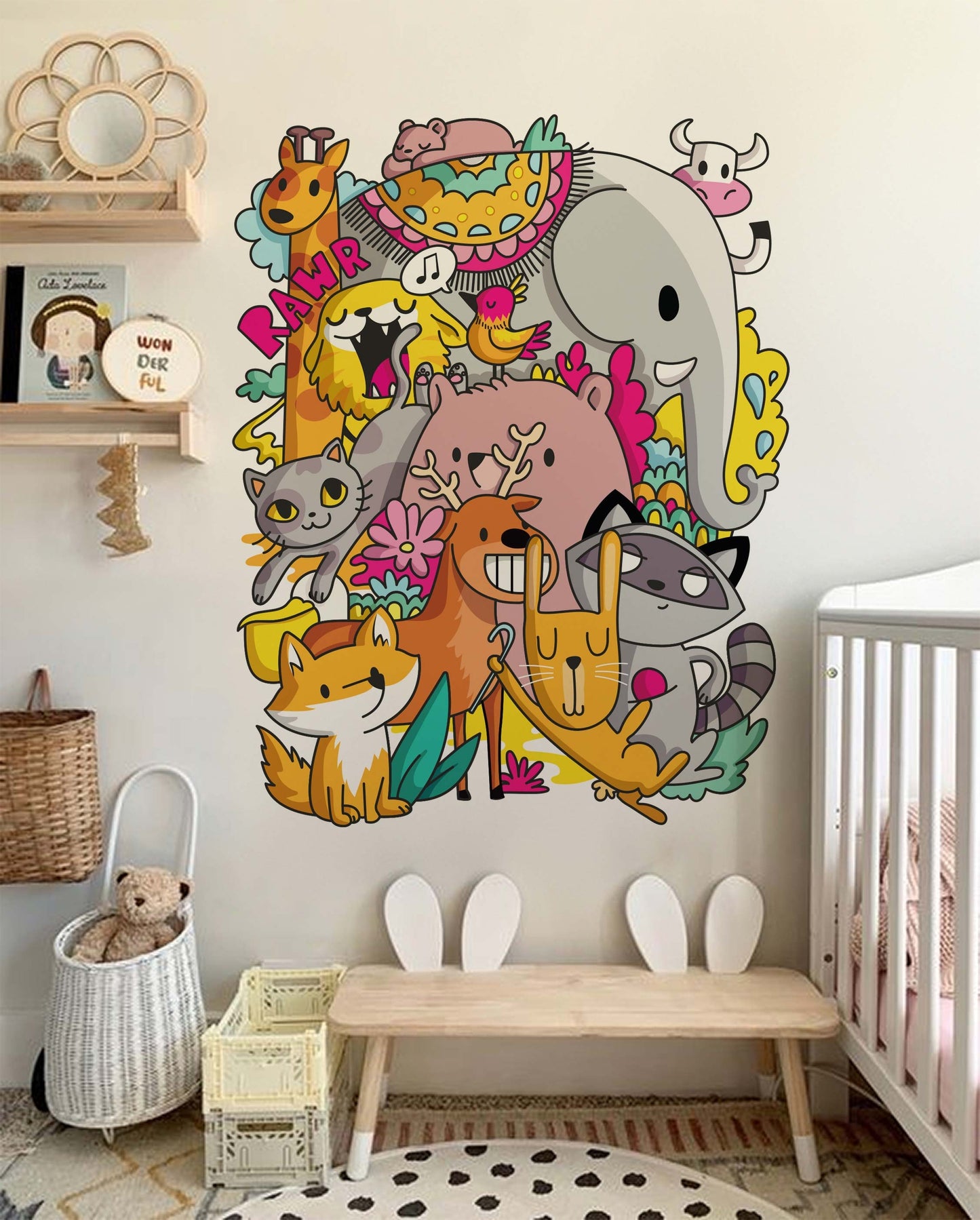 Removable Animal Wall Decal Doodle Wall Sticker Raccoon Wall Art Elephant Wall Mural Wallpaper For Kid And Nursery Room Decor