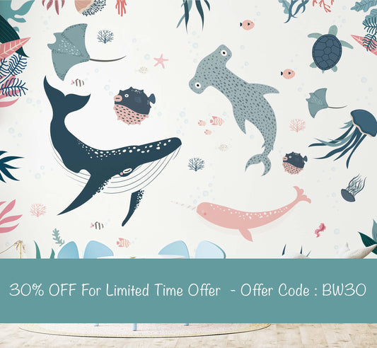 Underwater World Whale decal Shark sticker and Monsoon Monoceros Wall Decal Wallpaper For Kid Room Home Decor Decals